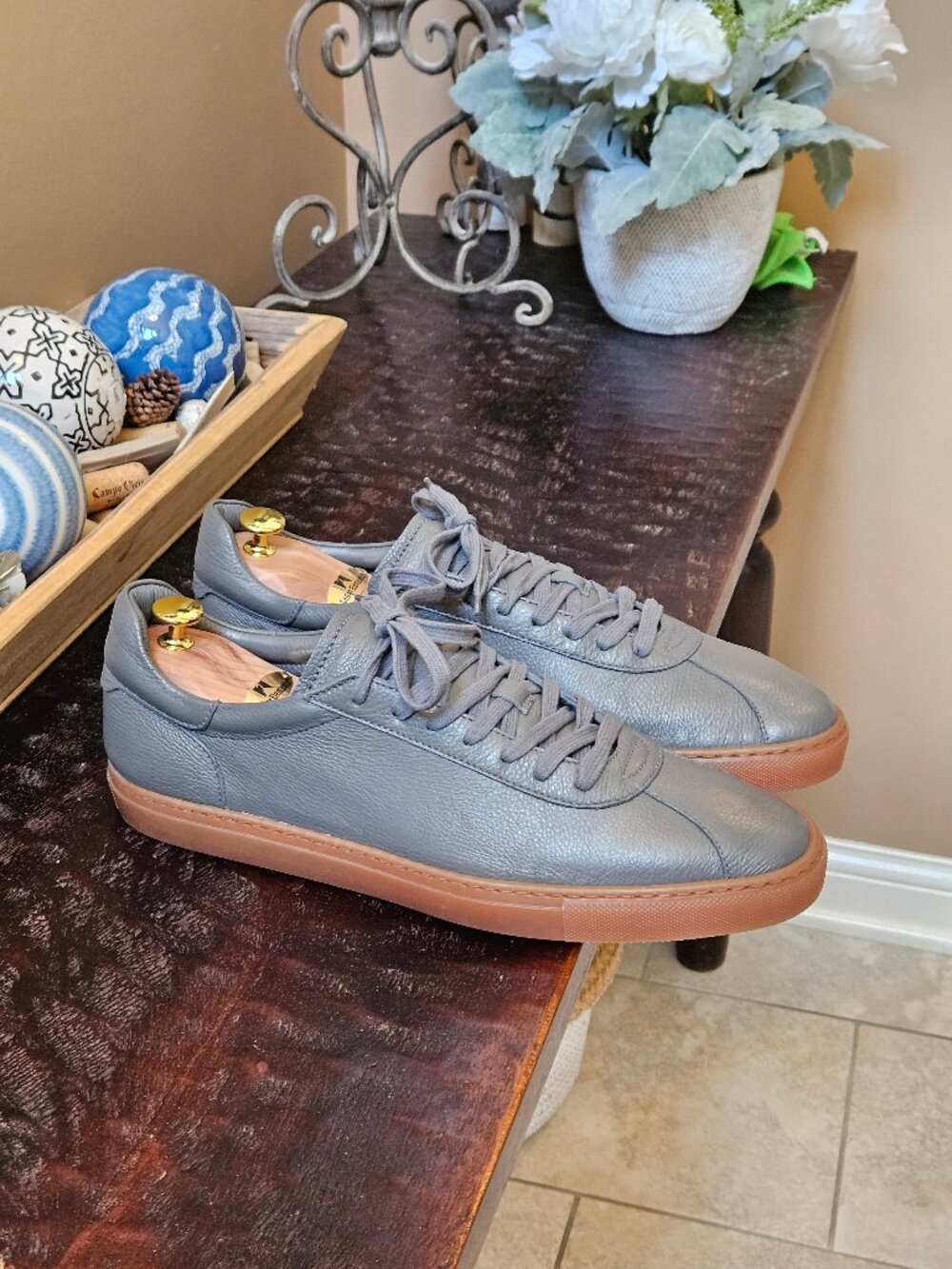 Aquatalia Men's Scott Tumbled Calf Leather Sneakers, Gray, Sz 13
